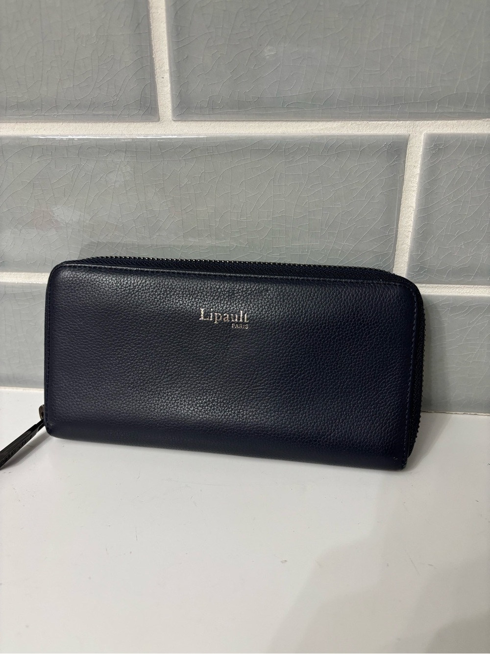 Lipault Paris Navy Blue Leather Zip Around Wallet